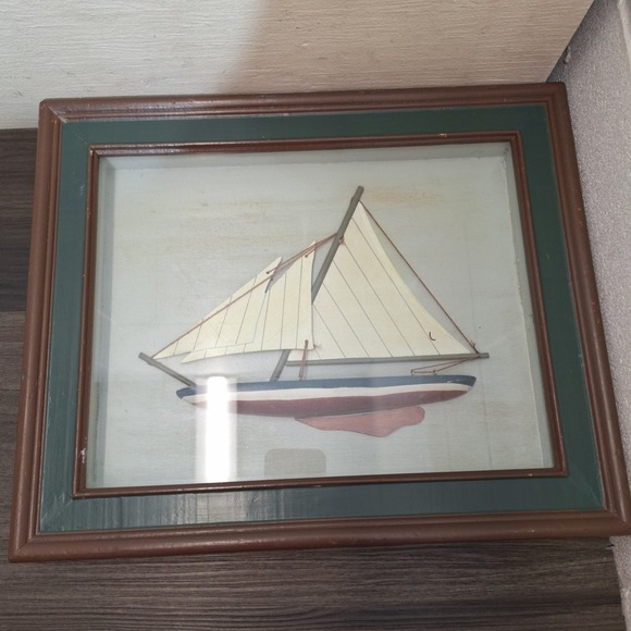 Nautical 3D Sailboat Shadow Box Wall Art Brown Wood Frame Blue White Ship 16x13 - Picture 5 of 8